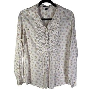 GAP Womens Floral Pintuck Bib Button Down Shirt Purple Yellow Cotton L RN54023